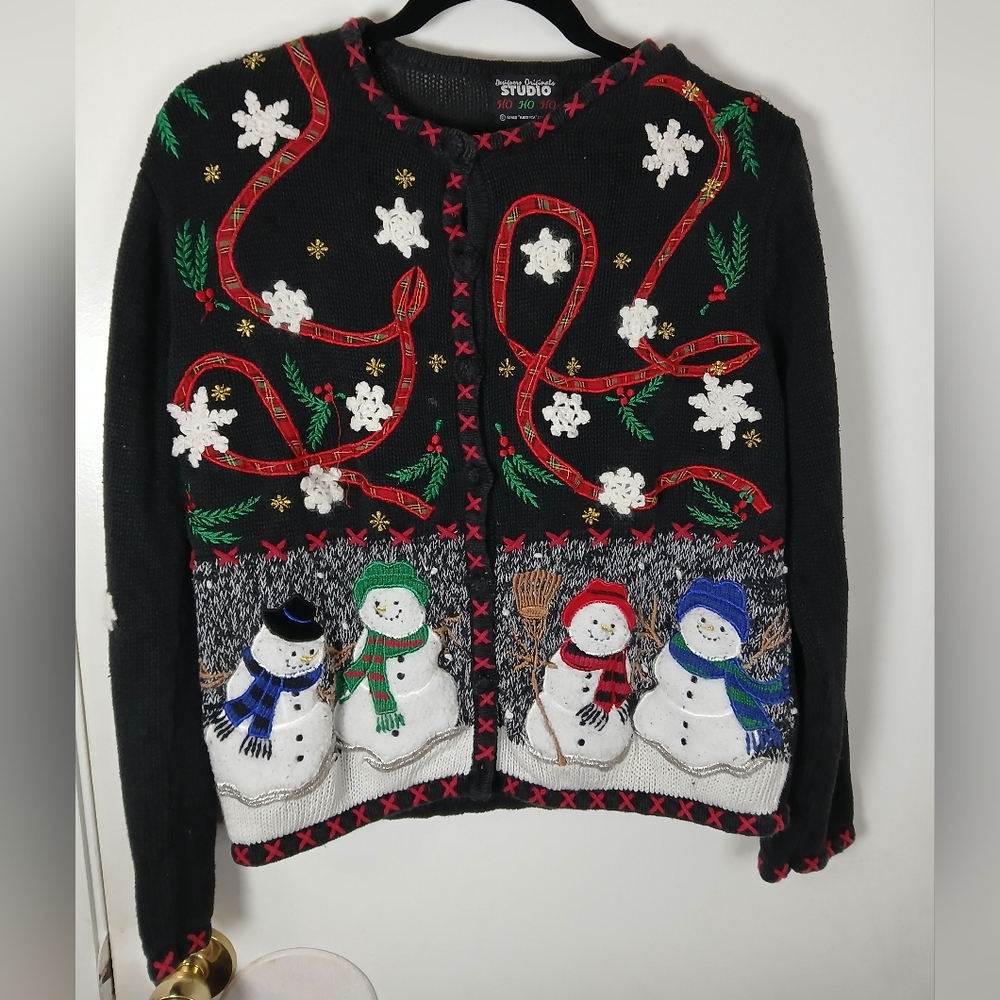 Designer Originals Studio Christmas Cardigan Sweater Snowman Holiday Size Small‎